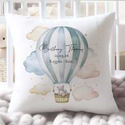 Personalised Cushion Cover, Baby Room Cushion, Boys New Gift, Hot Air Balloon Stats
