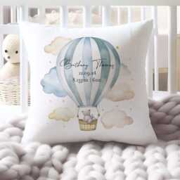 Personalised Cushion Cover, Baby Room Cushion, Boys New Gift, Hot Air Balloon Stats - thumbnail 2