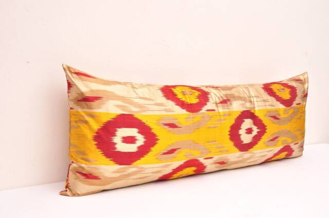 Yellow & Red Long Body Pillow, Silk Pillow Covers, Ikat Cushion, Extra Lumbar Bedroom Pillow - image 1