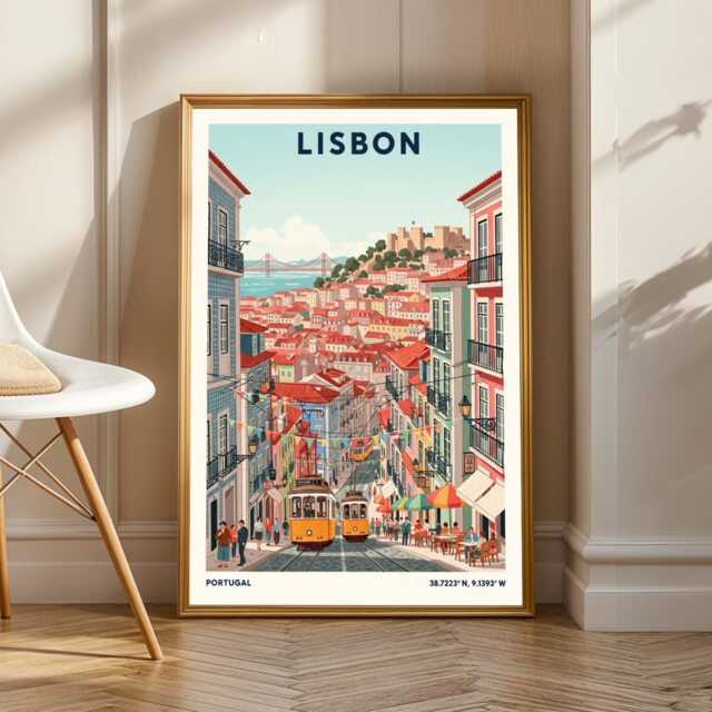 Lisbon Yellow Tram Art Print Vintage European Travel Poster - image 1