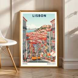 Lisbon Yellow Tram Art Print Vintage European Travel Poster - thumbnail 1