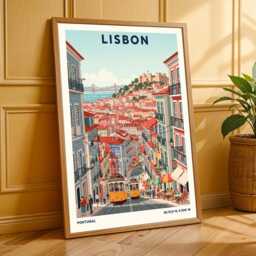 Lisbon Yellow Tram Art Print Vintage European Travel Poster - thumbnail 3
