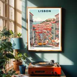 Lisbon Yellow Tram Art Print Vintage European Travel Poster - thumbnail 2
