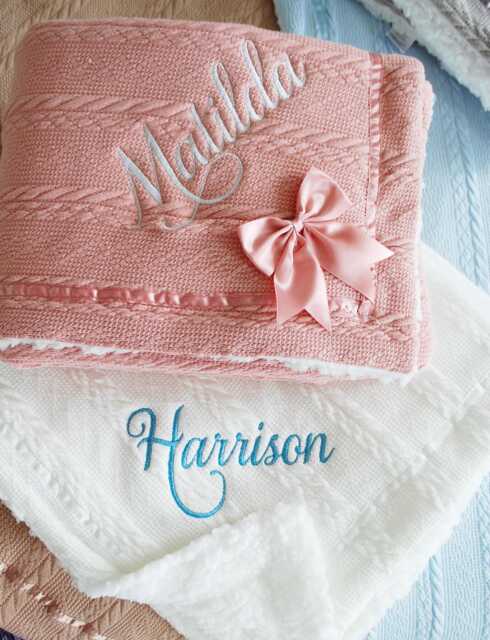 Personalised Embroidered Super Snuggly Cable Knit Wrap With A Satin Bow Sherpa Back, New Born Baby Boy, Girl Blanket, Shower Gift - image 1