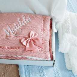 Personalised Embroidered Super Snuggly Cable Knit Wrap With A Satin Bow Sherpa Back, New Born Baby Boy, Girl Blanket, Shower Gift - thumbnail 2