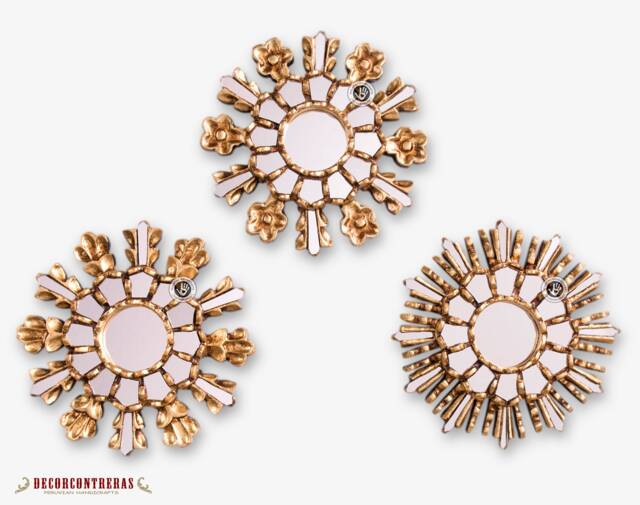 "Small Gold Sunburst Mirror 7.8""- Handmade Round Mirror Wall Set 3 - " - image 1