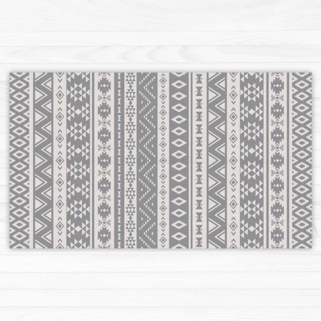 Grey Vinyl Rug, PVC Mat With Ethnic Pattern in Grey & White. Printed Floor - Art Mat - image 1