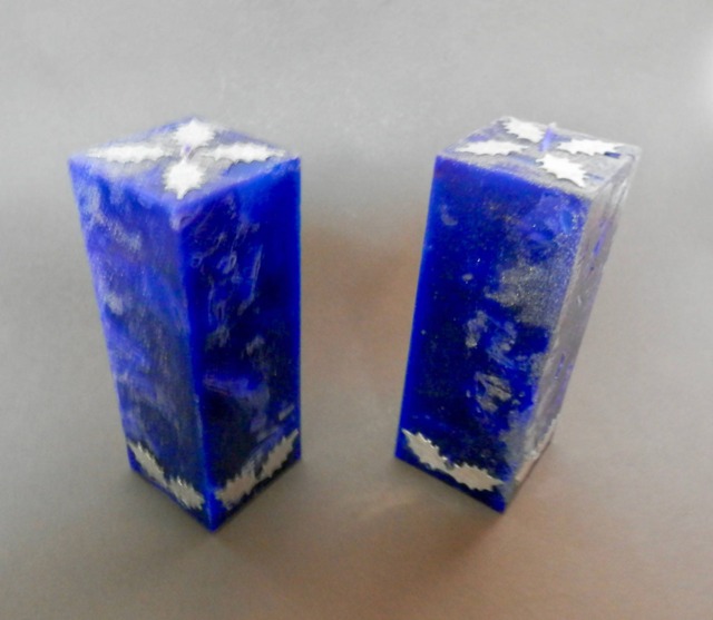 Christmas Candles, Candles Handmade, Blue Square Candles Decorated With Silver Holographic Wax Holly Leaves & Glitter - image 1