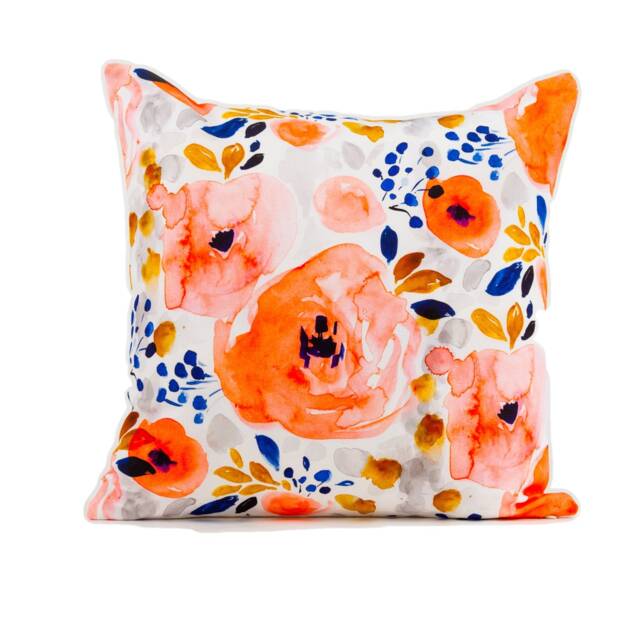 Watercolor Floral Pillow Cover, Peach Pink Blue, Linen Cotton Blend - image 1