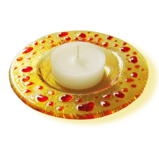 Yellow Murano Glass Candle-Holder With Red & Orange Drops, Fused Saucer - Lapilli Series, Romantic Light For Table & Bath - image 1