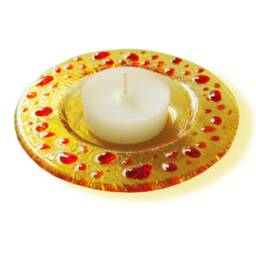 Yellow Murano Glass Candle-Holder With Red & Orange Drops, Fused Saucer - Lapilli Series, Romantic Light For Table & Bath