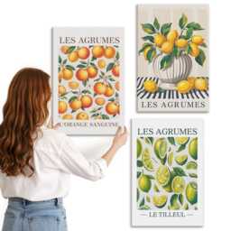 Canvas Set Of 3 - Citrus Fruits in Various Colorful & Fresh Versions, Orange Wall Art, Food Drinks Decor - thumbnail 1