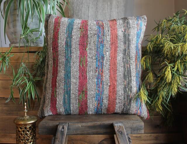 50cm - Or 20Inch Vintage Kilim Cushion Cover Handwoven - Goat Hair/Wool/Linen Speckled Oranges Blue Stripes - image 1