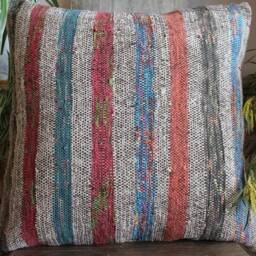 50cm - Or 20Inch Vintage Kilim Cushion Cover Handwoven - Goat Hair/Wool/Linen Speckled Oranges Blue Stripes - thumbnail 2