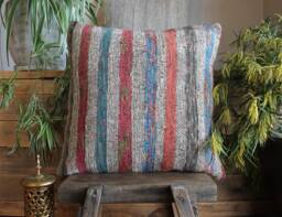 50cm - Or 20Inch Vintage Kilim Cushion Cover Handwoven - Goat Hair/Wool/Linen Speckled Oranges Blue Stripes - thumbnail 1