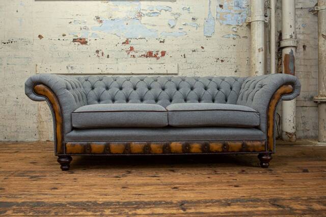 3 Seater Iron Grey Herringbone Wool Chesterfield Sofa - Antique Tan Leather Details British Handmade - image 1
