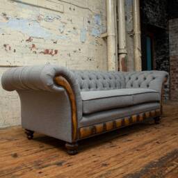 3 Seater Iron Grey Herringbone Wool Chesterfield Sofa - Antique Tan Leather Details British Handmade - thumbnail 2