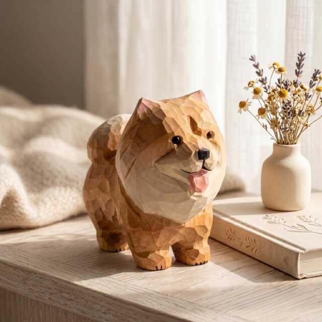 Hand Carved Wooden Pomeranian Figurine, Fluffy Dog Desktop Decor, Rustic Animal Art Sculpture, Pet Memorial Gift For Lover - image 1