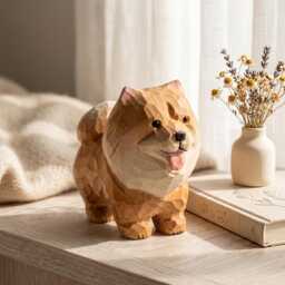 Hand Carved Wooden Pomeranian Figurine, Fluffy Dog Desktop Decor, Rustic Animal Art Sculpture, Pet Memorial Gift For Lover - thumbnail 1