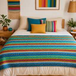 Colourful Cotton Blanket - Durable Sofa Throw Slip Cover Boho Bedspread Woven Sustainable Modern Traditional Home Decor - thumbnail 2