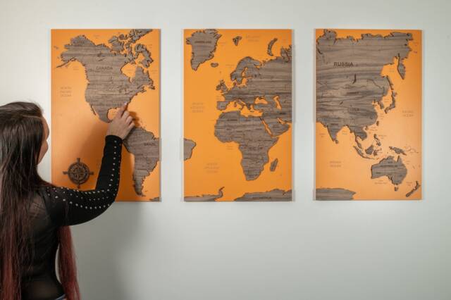 Highly Detailed 3D Wooden World Map Wall Art - Cork Push Pin Board Travel Wall, Walnut Oak Wood Decor, Feature - image 1
