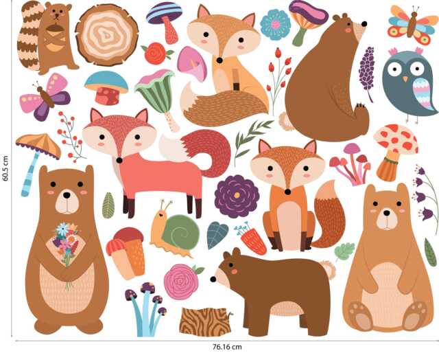 Cute Woodland Animals Wall Stickers Forest Bear Fox Owl Nursery Decals - image 1