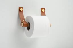 Toilet Paper Holder, Leather Straps & Wood Dowel - thumbnail 1