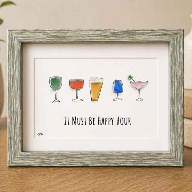 Happy Hour Sea Glass Art, Cocktail Wall Decor, Bar Cart Framed Drink Kitchen Sign, Housewarming Gift, Gift For Friend - image 1