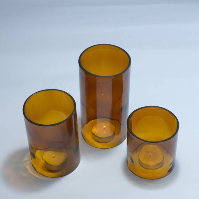 Beer Bottle Tea Light Hurricane Candle Cover Trio Set Amber Brown - Wedding Restaurant Dining Christmas Decoration - image 1