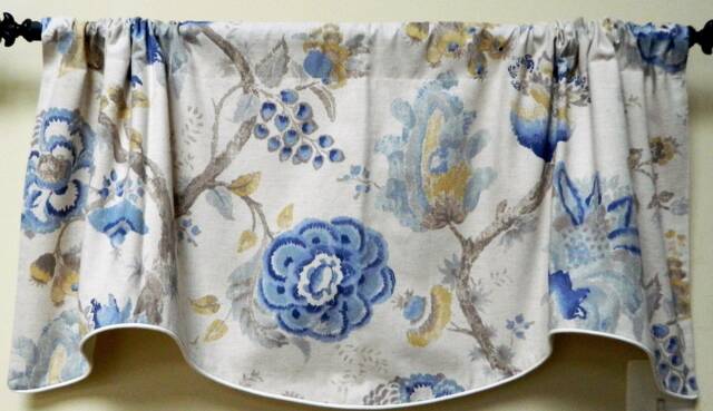 Richloom Blue Floral Window Valance Lined & Corded Rod Pocket Scalloped Made To Order - image 1