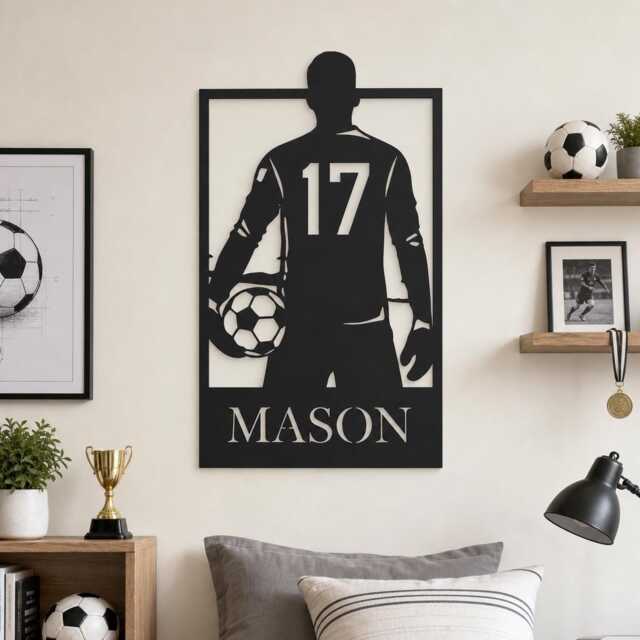 Custom Soccer Player Metal Wall Art, Name & Jersey Number Football Silhouette Iron Sign, Boys Bedroom Sports Themed Hanging - image 1