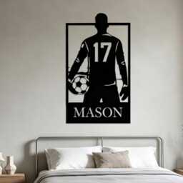 Custom Soccer Player Metal Wall Art, Name & Jersey Number Football Silhouette Iron Sign, Boys Bedroom Sports Themed Hanging - thumbnail 2