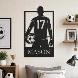 Custom Soccer Player Metal Wall Art, Name & Jersey Number Football Silhouette Iron Sign, Boys Bedroom Sports Themed Hanging