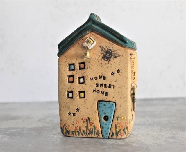 Wall Hanging Home Decor, Rustic Ceramic Wall Decor Of A House With Key & Bell Hanging, House Warming Gift, Whimsical Gift - image 1