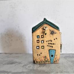Wall Hanging Home Decor, Rustic Ceramic Wall Decor Of A House With Key & Bell Hanging, House Warming Gift, Whimsical Gift - thumbnail 2