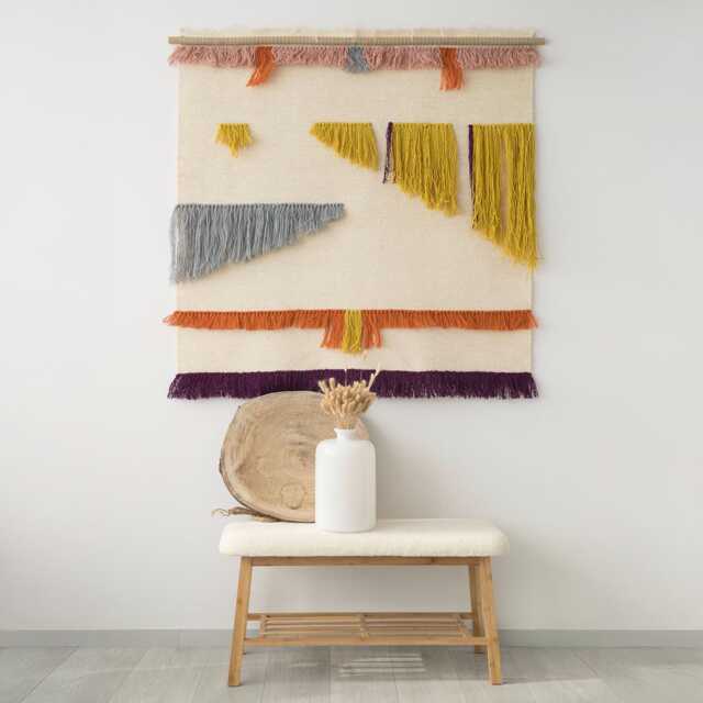 Boho Wall Art - Modern Fiber Handwoven Tapestry Sculptural Decor Natural Wool Colorful Fringes For Japandi Living Gelo - image 1