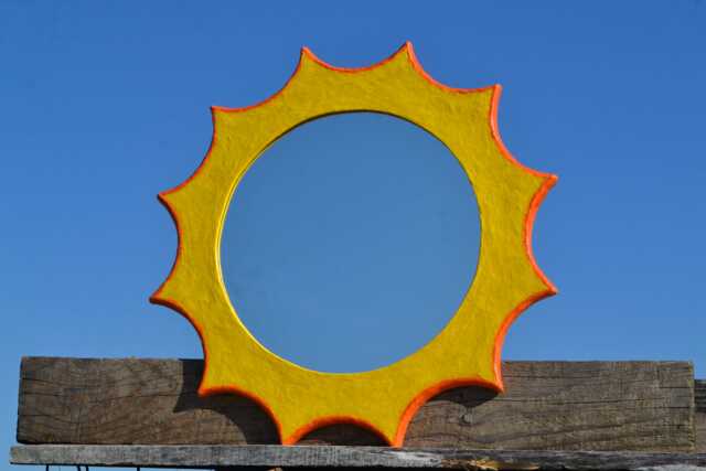 Papermache Sun Mirror Yellow & Orange Sunburst, Round Sun Mirror, New Home House Warming Gift, Hippy Decor, Bohemian Wall Decor - image 1