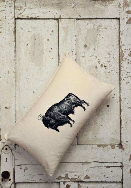 Oblong Cushion Cover - Natural Colour 100% Cotton With Bison Print in Black Or Navy Blue