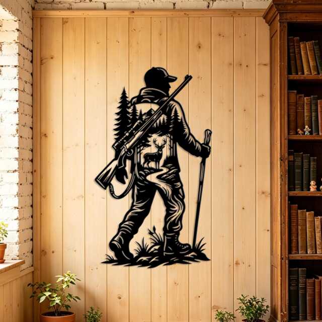 Wilderness Hunter Metal Wall Decor, Deer & Pine Forest Sportsman Silhouette Iron Sign, Gift For Hunting Enthusiast Cabin Art - image 1