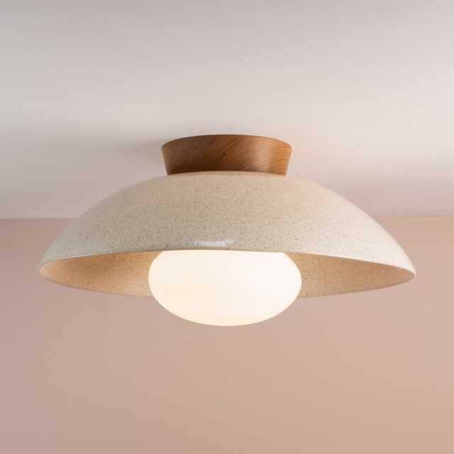 Speckled Cream Gloss Xl Dawn Flush Mount Ceiling Light in Ceramic & Oak - image 1