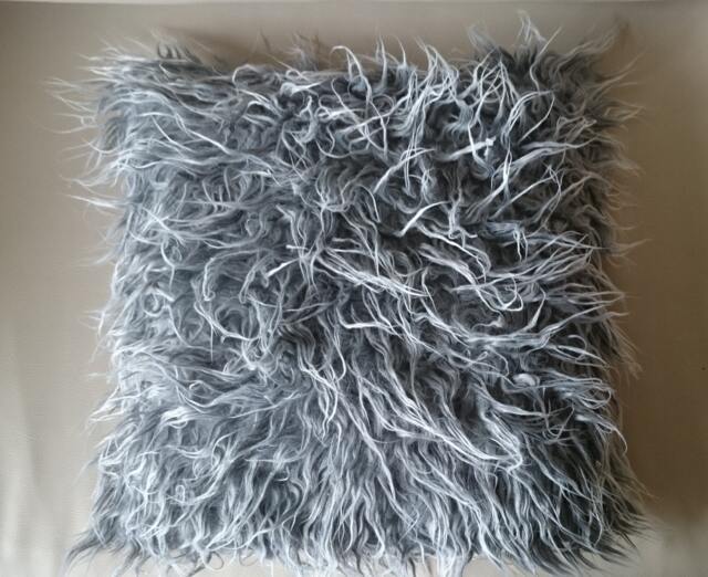 Faux Fur Pillow, Long Haired Sheep Imitation On Each Side, Throw Grey Cushion, Pillow Cover, Hand Made in France - image 1