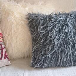 Faux Fur Pillow, Long Haired Sheep Imitation On Each Side, Throw Grey Cushion, Pillow Cover, Hand Made in France - thumbnail 2