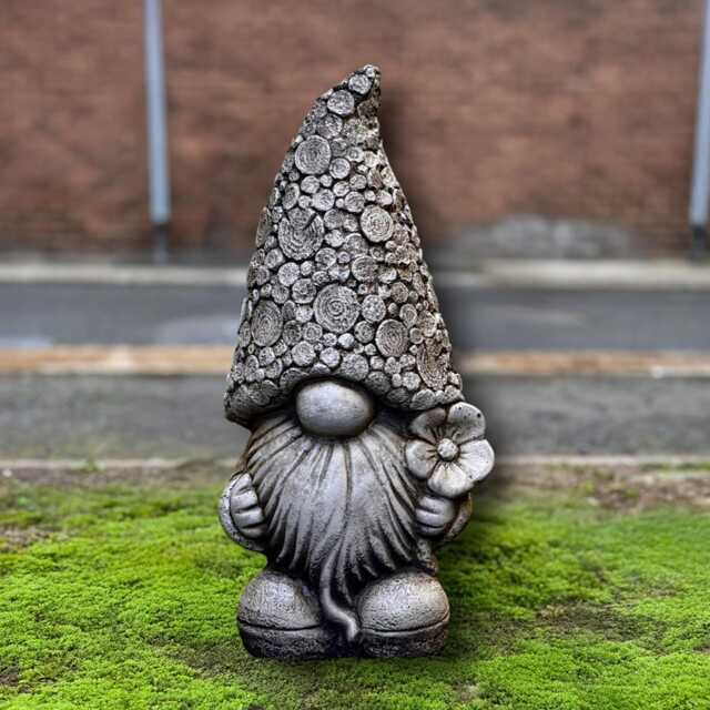 Concrete Gnome With Flower Statue Stone Sculpture Handcrafted Elf Ornament Cement Fairy Garden Gift Outdoor & Indoor Decor - image 1