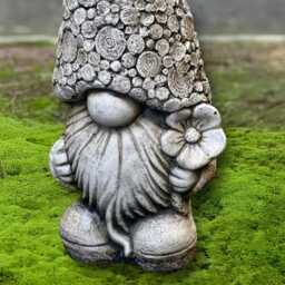 Concrete Gnome With Flower Statue Stone Sculpture Handcrafted Elf Ornament Cement Fairy Garden Gift Outdoor & Indoor Decor - thumbnail 2
