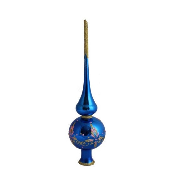 Blue Christmas Tree Topper, Gold Pink Glass Finial, European Top, Traditional Festive Spire, Painted, Ariadne