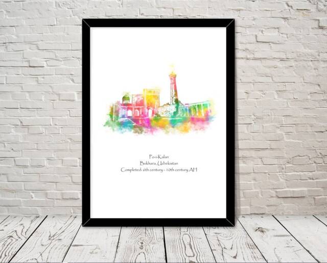 Uzbekistan Mosque Po-I-Kalan Islamic Art Watercolour Illustration Prints Islamic Wall Gifts Muslim Islam