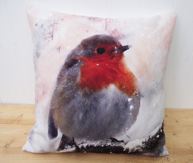 Winter Robin Pillow Watercolor Bird Art, Snow Scene Cushion, Cover Only Or + Pad - image 1