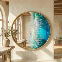 50cm Gold Frame Resin Wave Mirror, Coastal Ocean Wall Turquoise Blue Beach House Decor, Round Sea Handmade Art - thumbnail 4