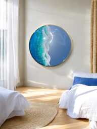Wall Mirror With Blue Wave Resin Decor 50 cm in Diameter, Mirror, Coastal Nautical Wall