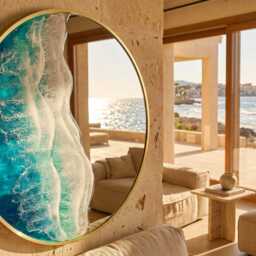 50cm Gold Frame Resin Wave Mirror, Coastal Ocean Wall Turquoise Blue Beach House Decor, Round Sea Handmade Art - thumbnail 2